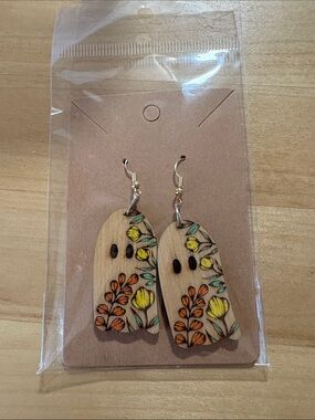 Wooden Floral Ghost Dangle Earrings - Yellow & Orange